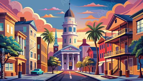 Very beautiful historic cityscape of downtown Charleston, South Carolina, featuring charming colonial-style buildings, tree-lined streets, and soft atmospheric lighting, captured in a clean, non-speci