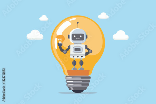 Cute robot holding a glowing light bulb filament inside a larger illuminated light bulb representing innovation and new ideas