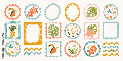 Collection of tropical themed decorative frames and elements with toucans and pineapples