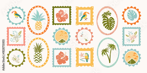 Collection of tropical themed decorative elements featuring toucans pineapples hibiscus flowers palm trees and mountains