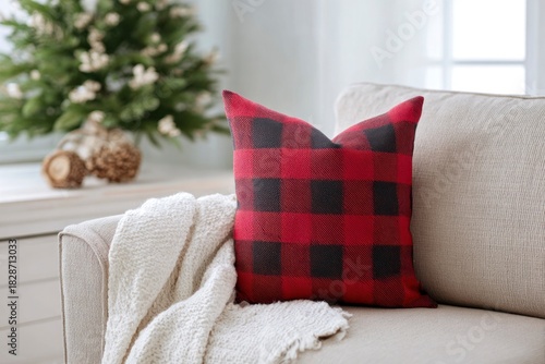 Cozy sofa with plaid pillow and white blanket