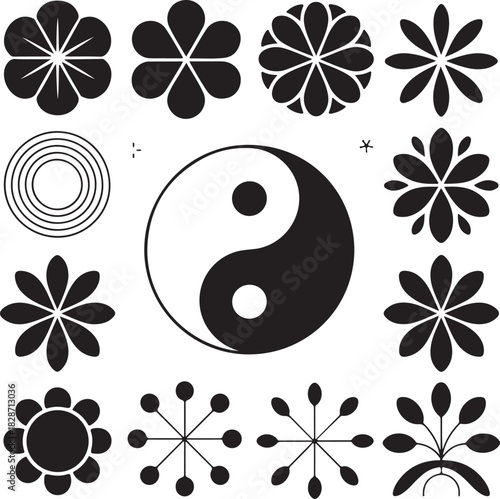 Black and white floral design with yin yang symbol illustration