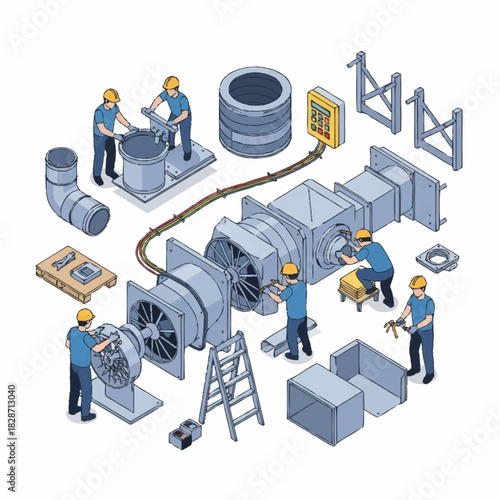 Industrial HVAC system installation and maintenance workers assembling large machinery.