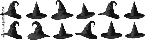 Black Witch Hats Vector Collection, Set of Witch Hats with Different Shapes and Styles, Isolated on White Background, Halloween, Witchcraft, Vector Illustration
