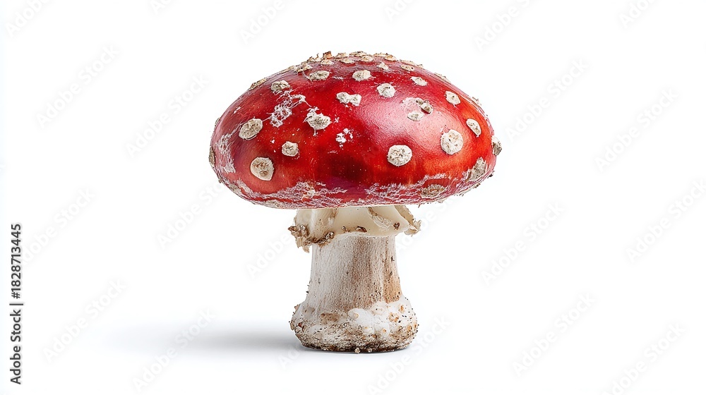 Obraz premium A captivating close-up of a vibrant mushroom with a distinctive red cap adorned with white spots. Its sturdy stalk supports the unique structure, making it a striking image.