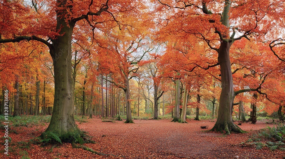 Naklejka premium An immersive autumn landscape with vibrant red and orange foliage. Tall trees stand guard over a carpet of fallen leaves, creating a captivating scene of seasonal beauty.