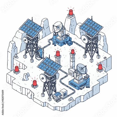 Isometric Illustration of a Remote Scientific Research Base.