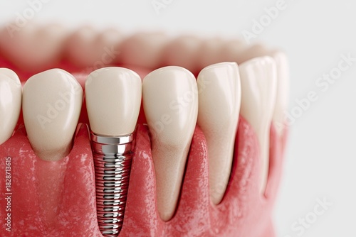 Dental implant structure in human jaw model close up