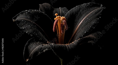 stunning black lily flower with water droplets on petals, macro photography, dark background, nature beauty, floral art - AI Generated Digital Art