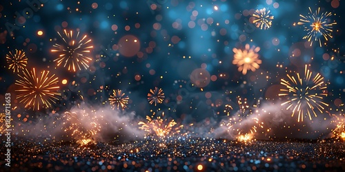 Panoramic Sparkle Celebration Fireworks Over Dark Blue Night Scene