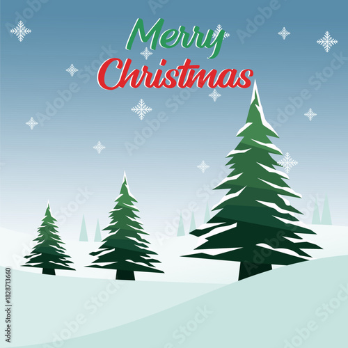 Festive illustration featuring stylized evergreen trees and holiday greeting.