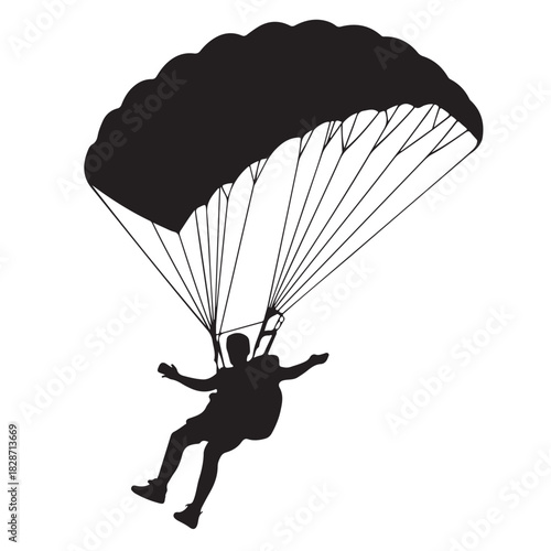 Silhouette of a skydiver with a parachute, isolated on white background, descending from the sky during a jump