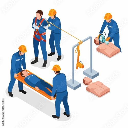 Rescue team practicing emergency response and first aid procedures.