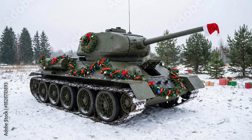 Tank decorated with Christmas garland