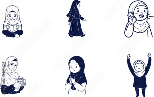 Muslim women cartoon characters in various poses