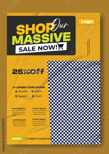 Exciting massive sale announcement with a smiling man in a plaid shirt promoting shopping and discounts