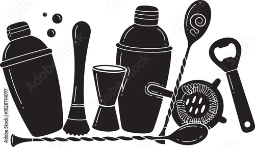 Bartender tools set in black and white for creative cocktail creation