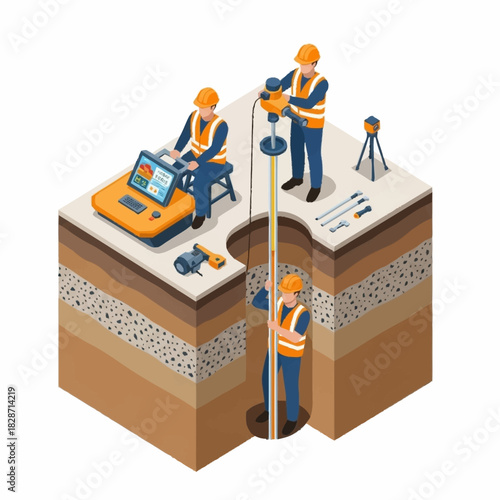 Geotechnical engineers conducting soil testing and analysis on site.