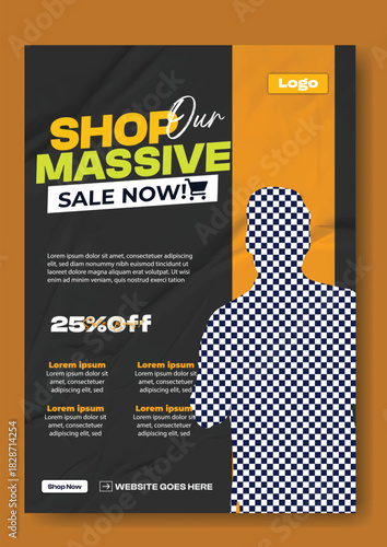 Excited young man in plaid shirt promoting a massive sale with 25 percent off discount offer