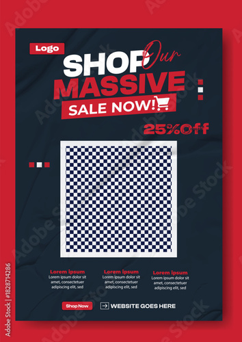 Man in a stylish brown jacket promoting a massive sale event with bold typography and vibrant red accents