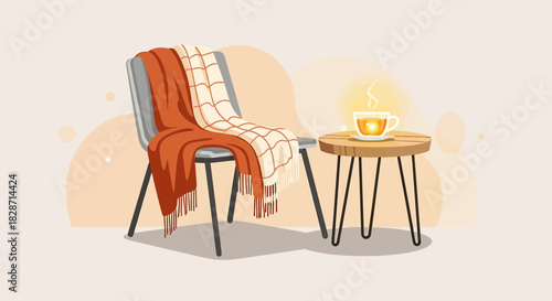 A Cozy Scene: Blanket on Chair and Tea on Side Table Illustration Showing Relaxation