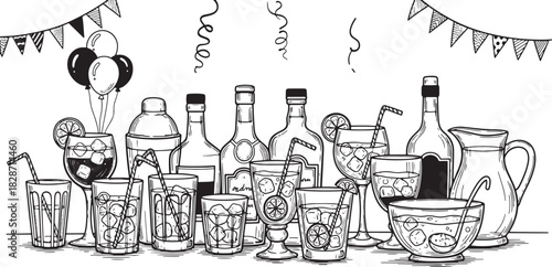 Festive party with cocktail drinks bottles and decorations black and white