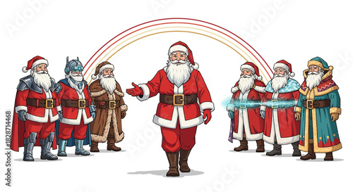 A festive assembly of Santa Claus figures in diverse and imaginative variations holiday cheer