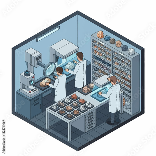 Scientists conducting research in a laboratory with various samples and equipment.