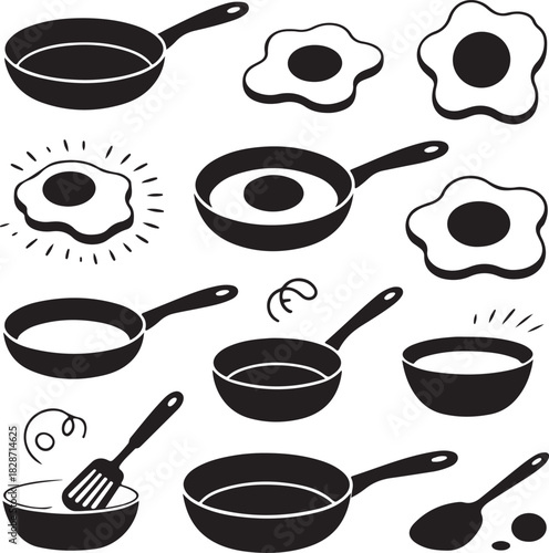 Black and white kitchenware collection of cooking pans eggs and bowls