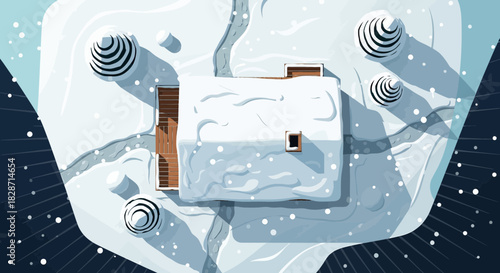 Aerial view of a snow-covered house nestled within a serene wintry landscape illustration