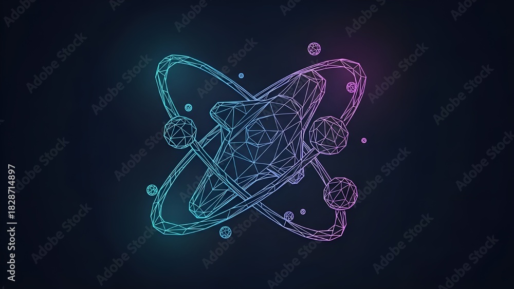 Fototapeta premium A low-poly, wireframe illustration combining a rocket ship or aerospace vehicle with an abstract atom structure, complete with orbiting spheres.