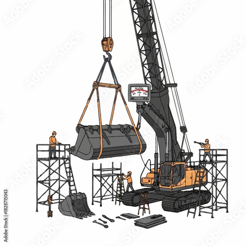 Workers assembling a heavy duty industrial crawler crane on site.