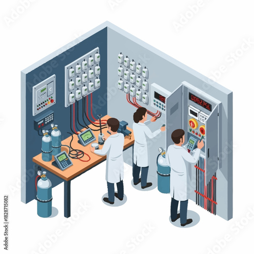 Isometric illustration of scientists working in a modern laboratory.