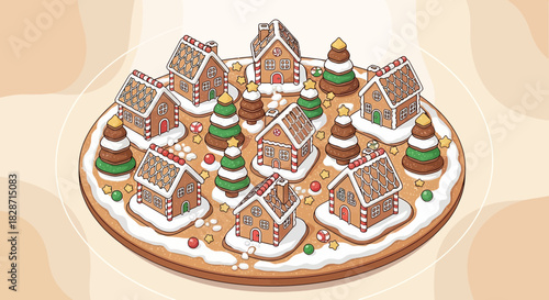 Charming gingerbread village illustration featuring festive houses and whimsical trees on a cookie