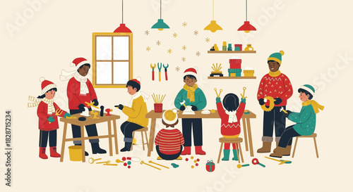 Children joyfully creating holiday crafts together in a vibrant and cozy workshop setting