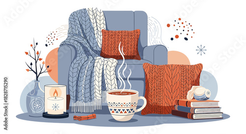 Comfortable winter scene with cozy armchair, pillows, steaming drink and candle bliss