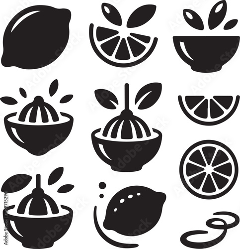 Black and white lemon citrus vector illustration and juicing process