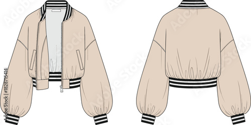 Bomber jacket flat sketch, fashion cad vector, front and back view, technical drawing, women’s outerwear, ribbed cuffs, modern design