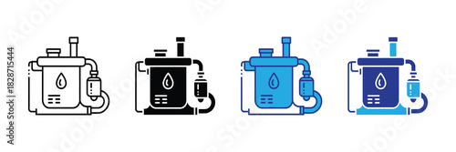 Clean water filter system icon showing purification process with droplet, pipe, and container for liquid processing and hygiene.