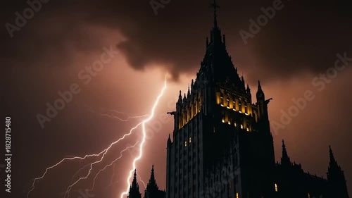Dramatic Lightning Strikes Towering Gothic Architecture Against a Stormy Sky Sequence
