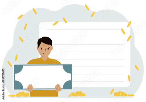 Concept of winning cash, a certificate, or a prize. A happy smiling man holding a certificate in his hands, feeling excited while celebrating his victory.