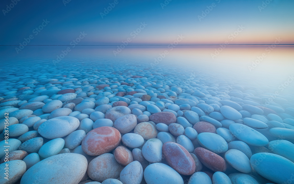 Obraz premium Underwater view of smooth pebbles on a beach with a serene sunset sky