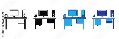 Office workstation icon set: computer, monitor, tower, desk with drawers and a mug, in various outline and filled styles
