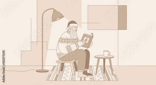 Cozy reading session with santa, a vintage illustration of christmas time joy and relaxation in a