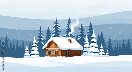 Cozy winter cabin retreat nestled amid snow-laden evergreens, a serene landscape illustration for