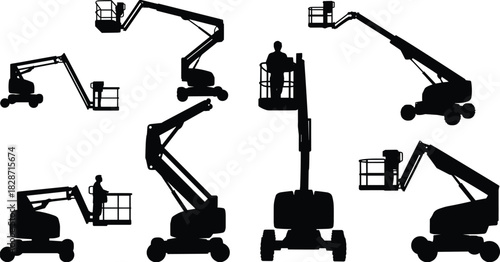Boom lift truck silhouette vector set, aerial work platform icons, construction equipment illustration, industrial maintenance vehicle graphics for design