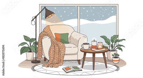 Cozy winter interior scene with armchair, snowy view and warm home ambiance