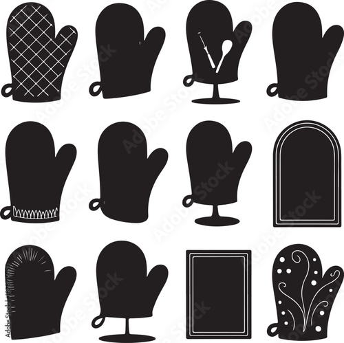 Black and white oven mitts and hot pads collection vector illustration