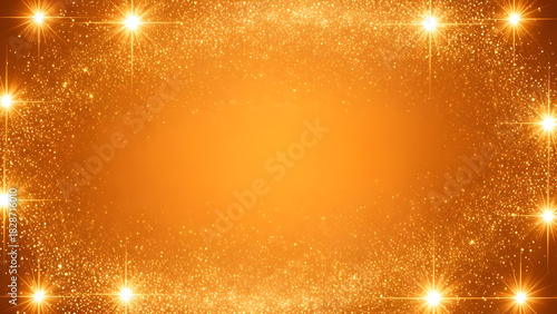 A vibrant golden orange background with sparkling glitter texture and bright starburst light flares forming a festive frame.