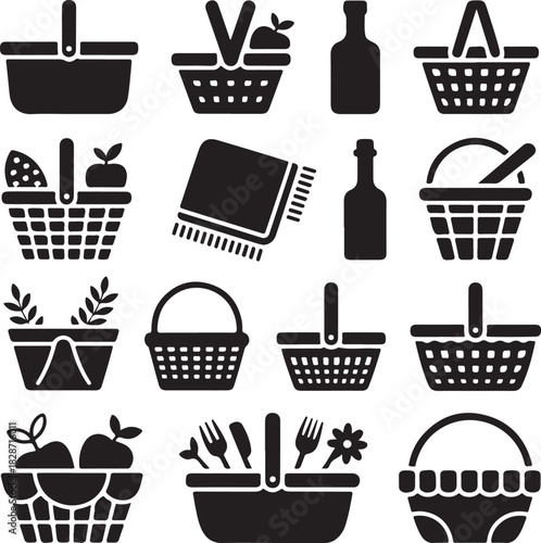 Black and White Picnic Basket Icon Set Vector Illustration Design